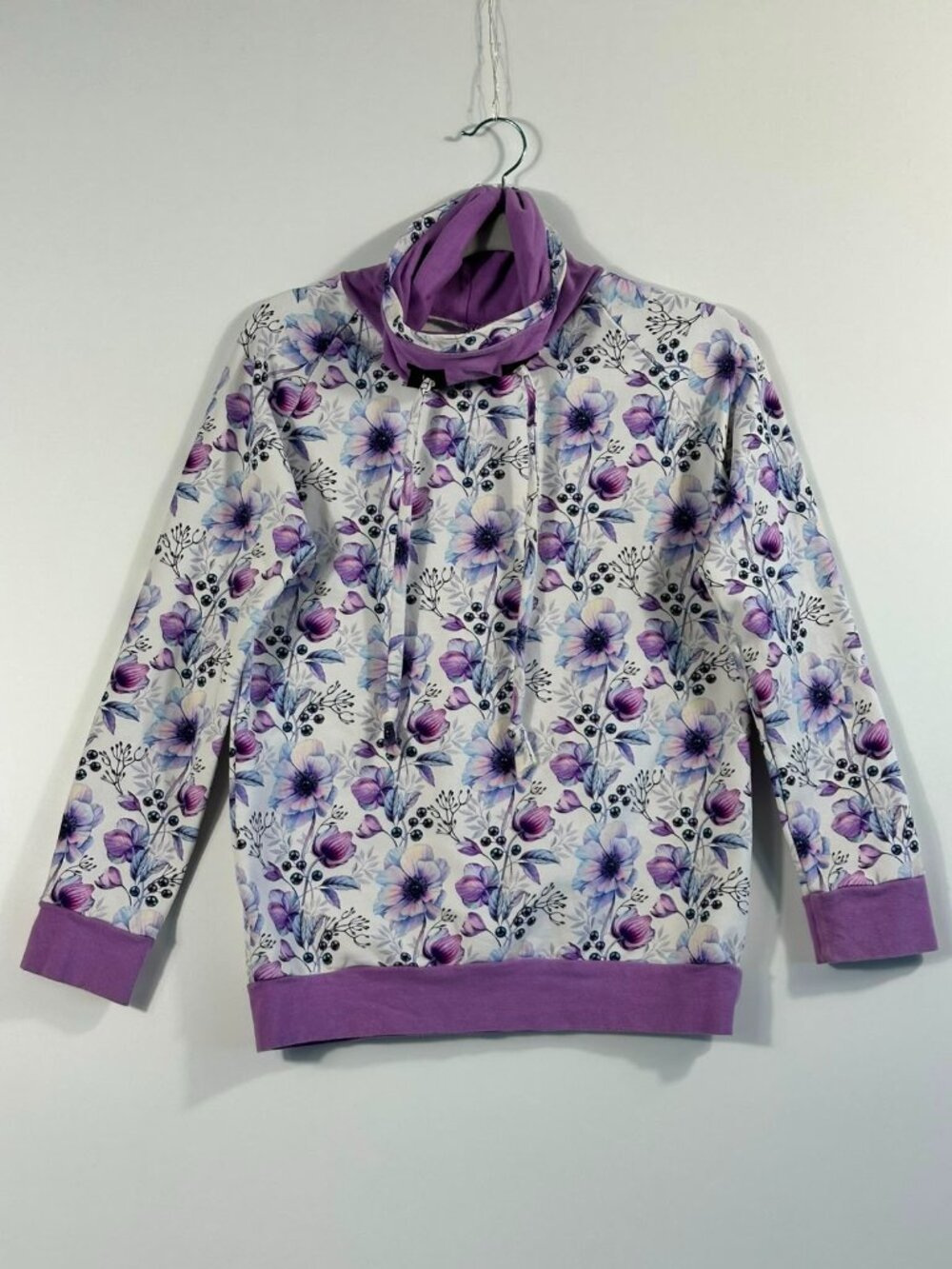 Handmade Purple Floral Cowl Neck Hoodie Pullover Size 8-10 Youth NWOT